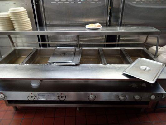 A regular occurrence, the steam table which is broken and filthy wit day old tuna and mak salad from the day before and filthy tuna water.