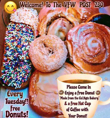 Every Tuesday Enjoy a Free Donut & Hot Cup of Coffee