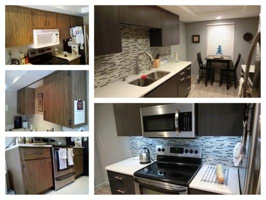 Before & after of  Custom melamine Ebony Oxide cabinets. Countertops: Cambria "Waverton" quartz. Soft close drawers LED lighting