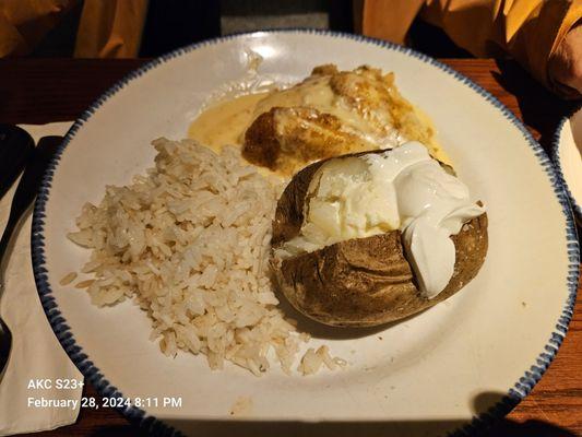 Stuff flounder baked potato rice platter.