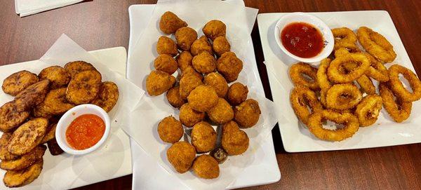 Appetizers: Fried Plantains Fried Mushrooms and Fried Calamari