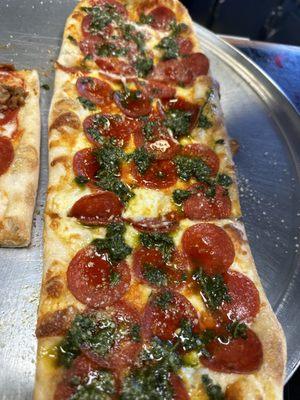 Pepperoni, Hot Honey Pesto flat bread