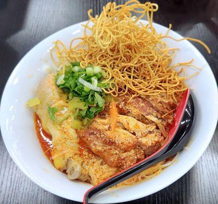 Khao soy chicken. Generous portion, but a dry version of khao soy. Typical dish has more broth and egg noodles vs pho noodles.