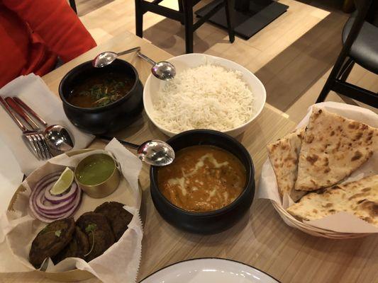 Naan, mushroom galouti, chicken Marsala and lamb Rogan Josh. Not pictured mango lassi.  All were delicious!