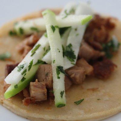 Pork Sisig Tacos with an Apple Jicama Coleslaw