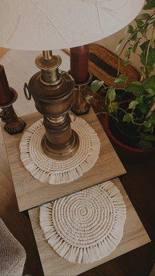 Two pieces of Macrame Large Coasters/ Placemats, perfect for cozy living room