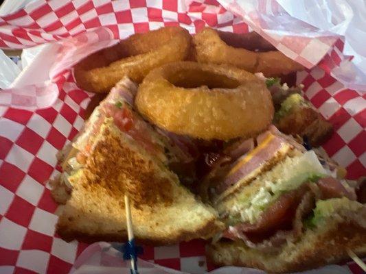 Avocado club and onion rings