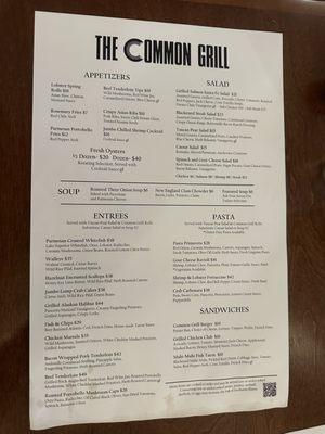 Dinner menu