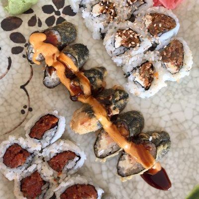 Left to right: hot fish roll, Sunday morning roll, kimchi roll (+ miso soup $8.99)