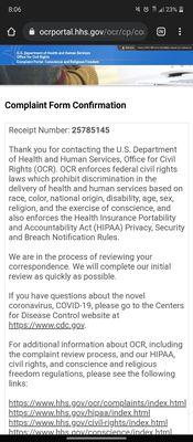 A complaint has been filed to the U.S DEPARTMENT OF HEALTH ANS HUMAN SERVICES, OFFICE FOR CIVIL RIGHTS ****OCR**** BOOM!