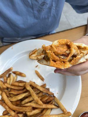 Chicken vodka parm sandwich with fries