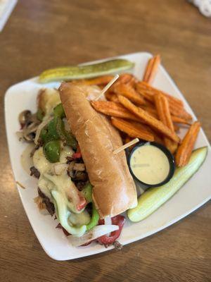 Philly cheesesteak and Sweet Potatoessweet