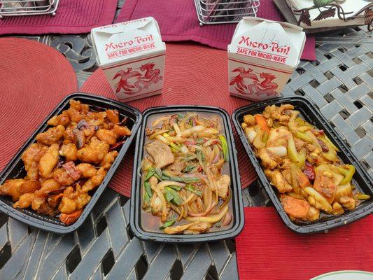 Orange Chicken, Mongolian Pork, and Kung Pao Chicken, from left to right, with Fried Rice