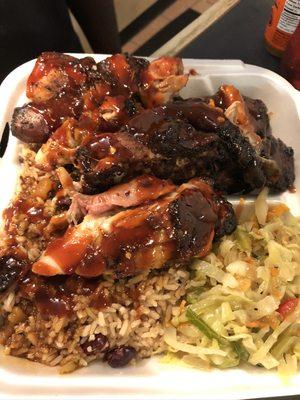 Honey jerk chicken with cabbage and rice & peas