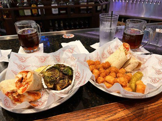 Buffalo wraps one with CRISPY BRUSSELS SPROUTS and the other with TATER TOTS.  Yummy!!!