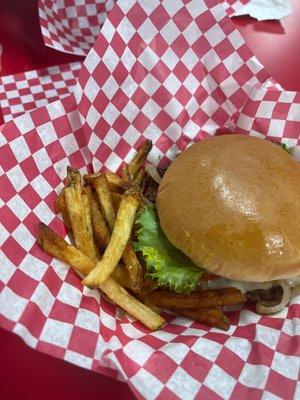 Pepper, jack cheeseburger with grilled onions and jalapeños!!  Wonderful