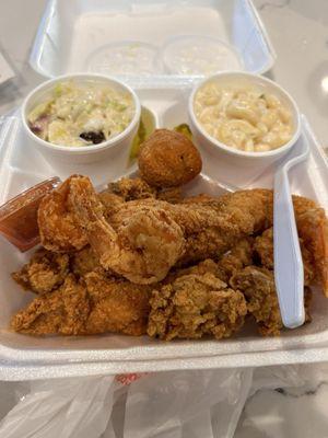 combo special: 2 pc catfish, 4 jumbo shrimp, few oysters, cole slaw, macaroni salad