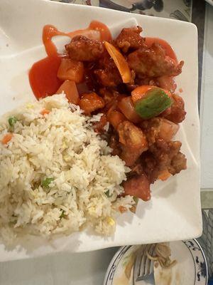 Sweet-and-sour chicken with fried rice