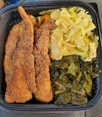 Fried whiting is tasty and a little spicy. Collard greens are very tasty and a little spicy as well. Cabbage is always a good side.