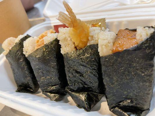 Crab, salmon, shrimp tempura, flash fried tofu onigilly