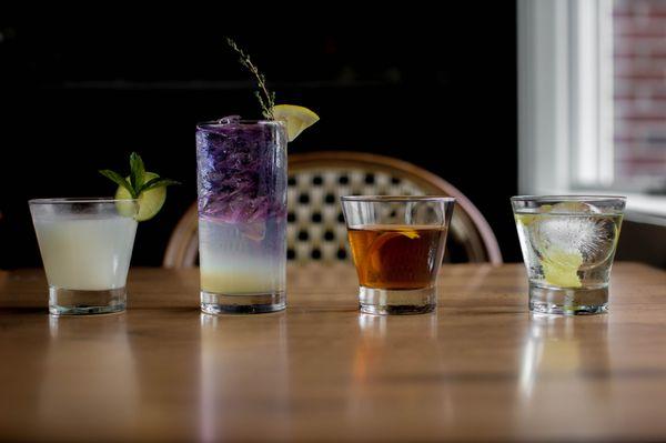 Summer 2022 Cocktails!  Left to Right:  Lazy Mojito, T&T, Fire & Brimstone, Bergamot Negroni.