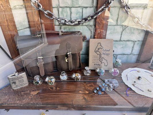 Window display with a bag and more dice