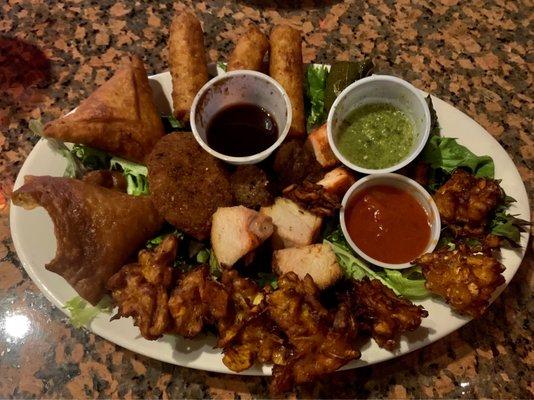 Large appetizer platter: Samosas, Pakoras, chicken/lamb Kebab, Mozarella Sticks, Aloo Tikki & Dolmas.