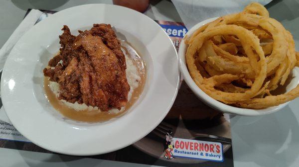 Maple Chicken over Mashed Potatoes with a side of Onion Rings! Yum!!