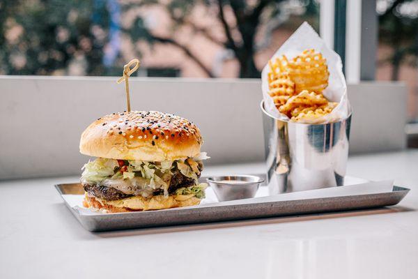 Burger and waffle fries