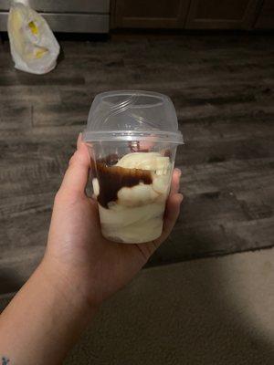 This McDonald's happened to be the worst I've ever been to. This "mini sundae" is a joke. TRAIN YOUR NEW EMPLOYEES PROPERLY! Hot Fudge