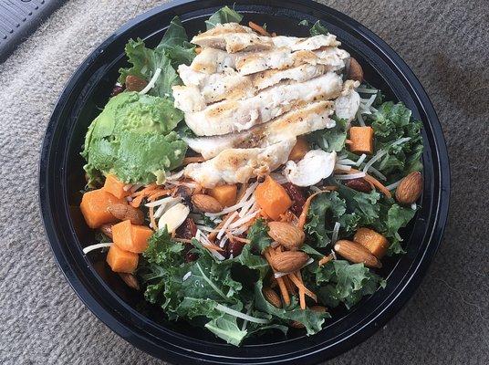 The kale salad with grilled chicken and dressing on the side! This is one of my favorite kale salads in town!