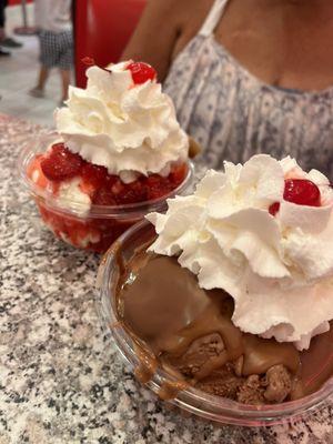 Chocolate double scoop peanut butter on top and chocolate hard cap Strawberry fields sundae