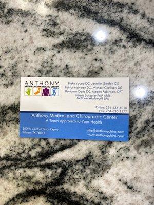 Business card for Anthony Medical