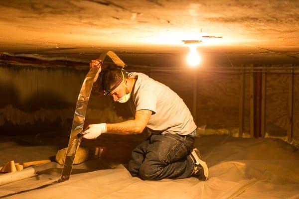 Insulation Installation - taping up a seam in a 6mm poly installation in a crawlspace.