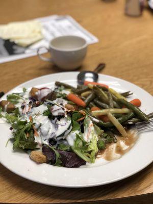 Vegetarian lunch- salad with ranch, green beans, and Brussel sprouts. Also included, vegan rice soup.