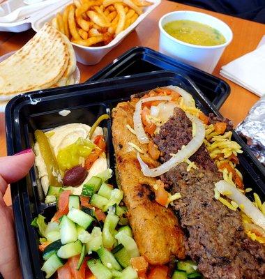 Lentil Soup  Greek Salad Hummus and Pita   French Fries Chicken and Kefteh kebabs RICE