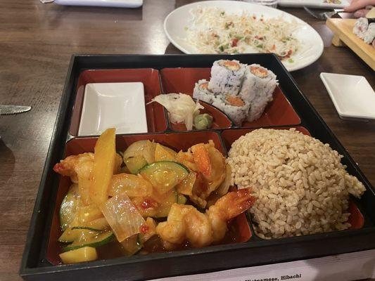 Spicy Mango Shrimp bento box with spicy tuna roll and brown rice