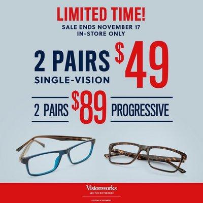 Come see us @ Visionworks at the forum! 2 for $49 single vision! 2 for $89 progressives/bifocal/trifocals!