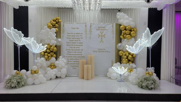 Stage decoration of the Christening with Balloons and LED Butterflies