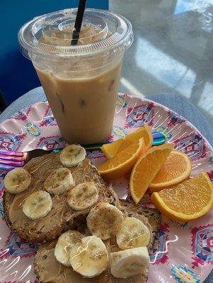 peanut butter banana honey toast, fresh fruit, iced latte