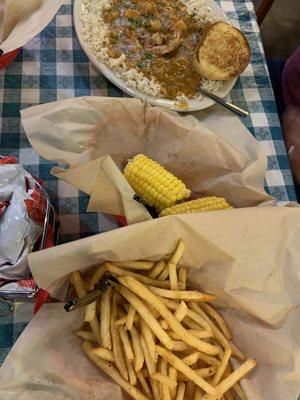 Shrimp etouffee, corn, french fries