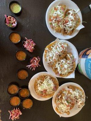 Fish tacos, fried shrimp tacos, salsa, beer.