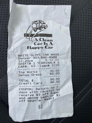 Receipt for the $90 car wash. No disclaimer!