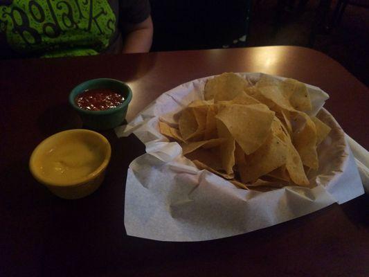 Chips, salsa and super weirdly good "cheese" sauce.