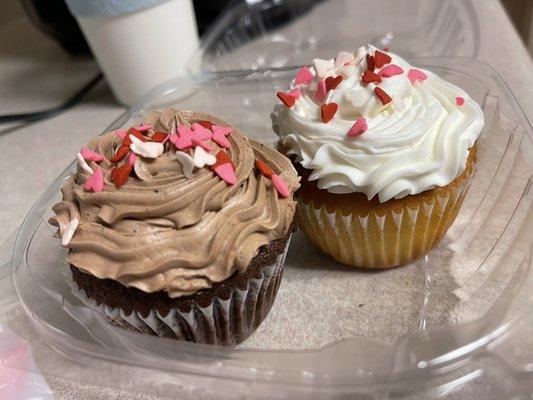 Chocolate and vanilla Valentine's Day cupcakes with buttercream frosting