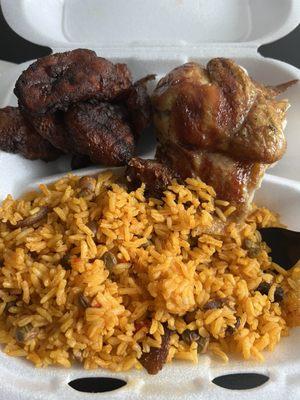 Quarter chicken, rice with pigeon peas, & maduros (ripe plantain)