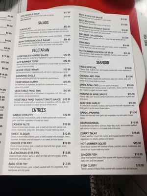 Salad, veggie, entree and seafood menu