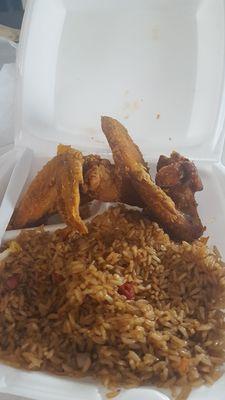 Fried chicken wings and pork fried rice.