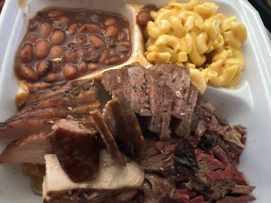 3 Meat Plate ( Homemade Beef Sausage,  Chicken Breast,  Slice Beef Brisket)  Smoked Beans and  Mac and Cheese