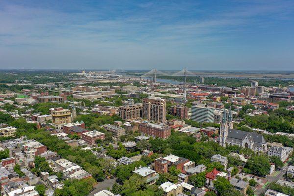 Downtown Savannah GA looking toward the Talmadge Bridge